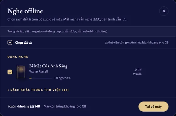 Hộp Nghe offline: chọn sách để tải trọn bộ về máy
