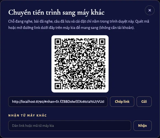 Hộp Tiếp tục nghe ở thiết bị khác, có mã QR
